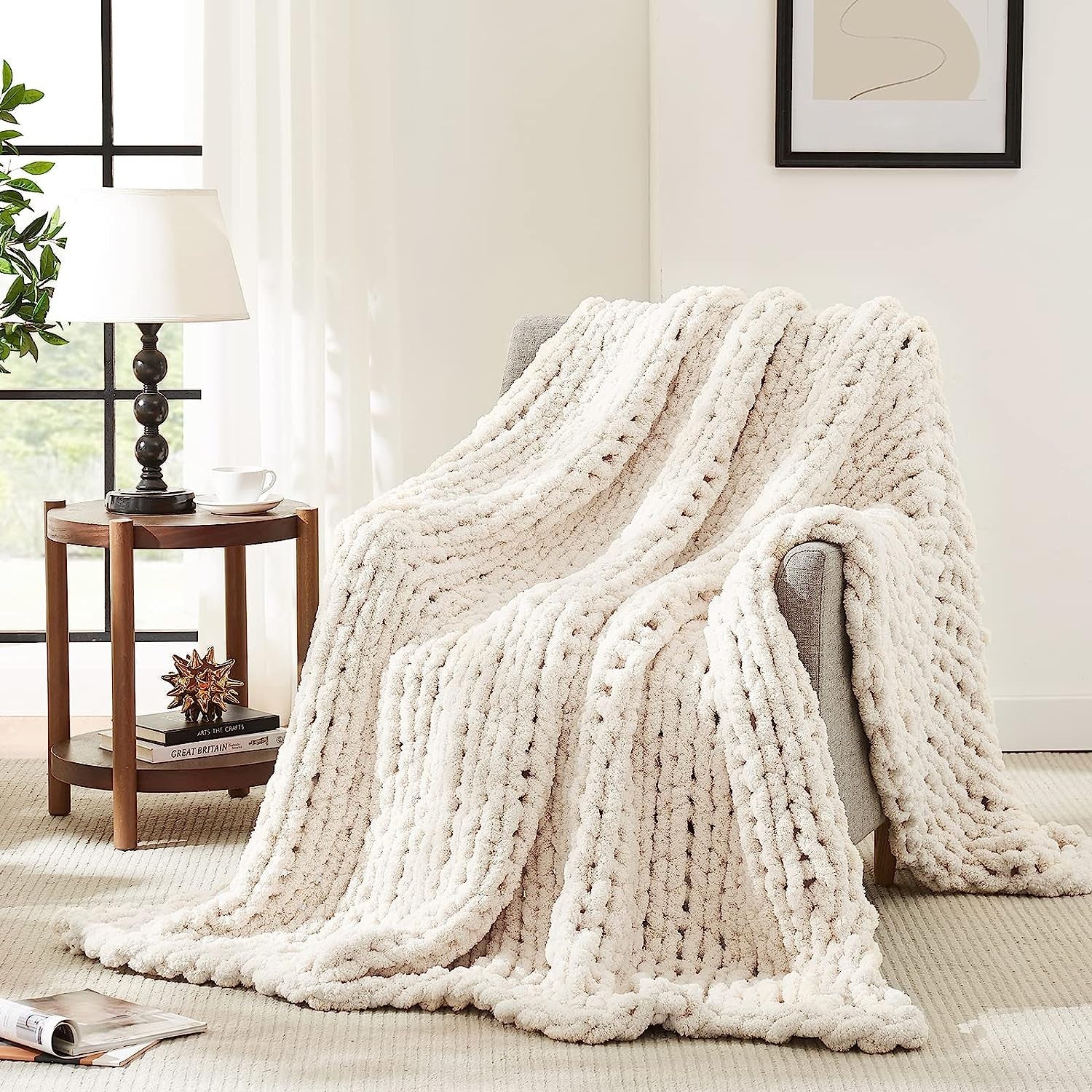Chunky Knit Chenille Throw Blanket – Soft, Cozy Cable Knit for Couch & Home Décor (50x60)