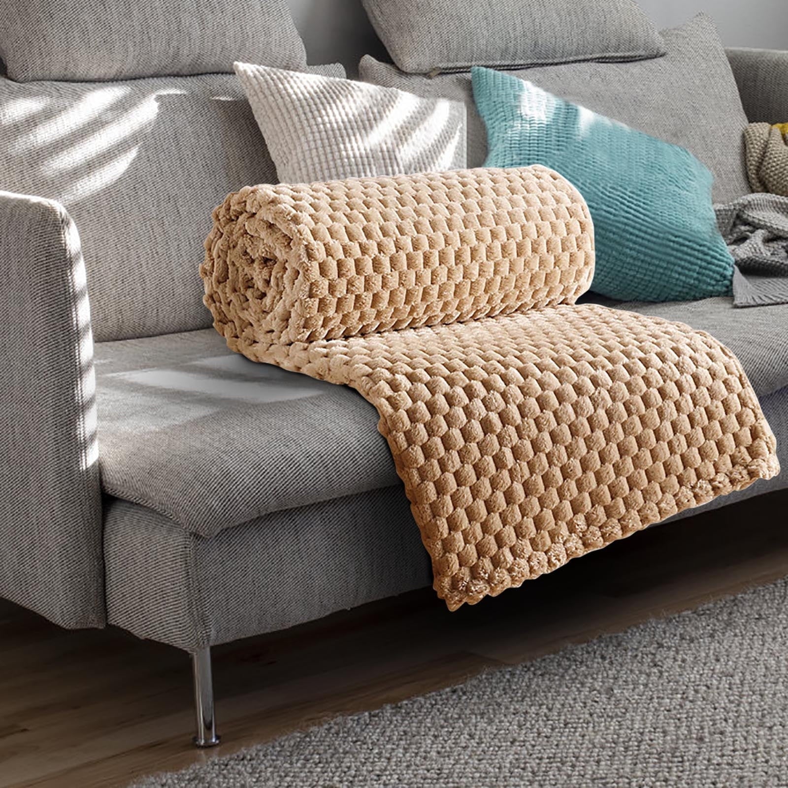 Chunky Knit Blanket Throw, Waffle Throw Blanket Waffle Cable Knit Throw for Couch, Stylish Cozy Soft Rope Knot Crochet Blanket for Home Decor, Beige Linen, 59.1*39.4In, Brown