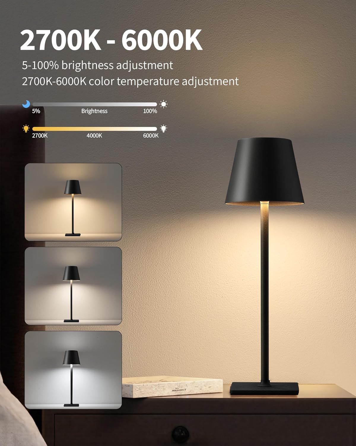 2-Pack Cordless LED Table Lamps – Rechargeable, Portable & Dimmable (Black)