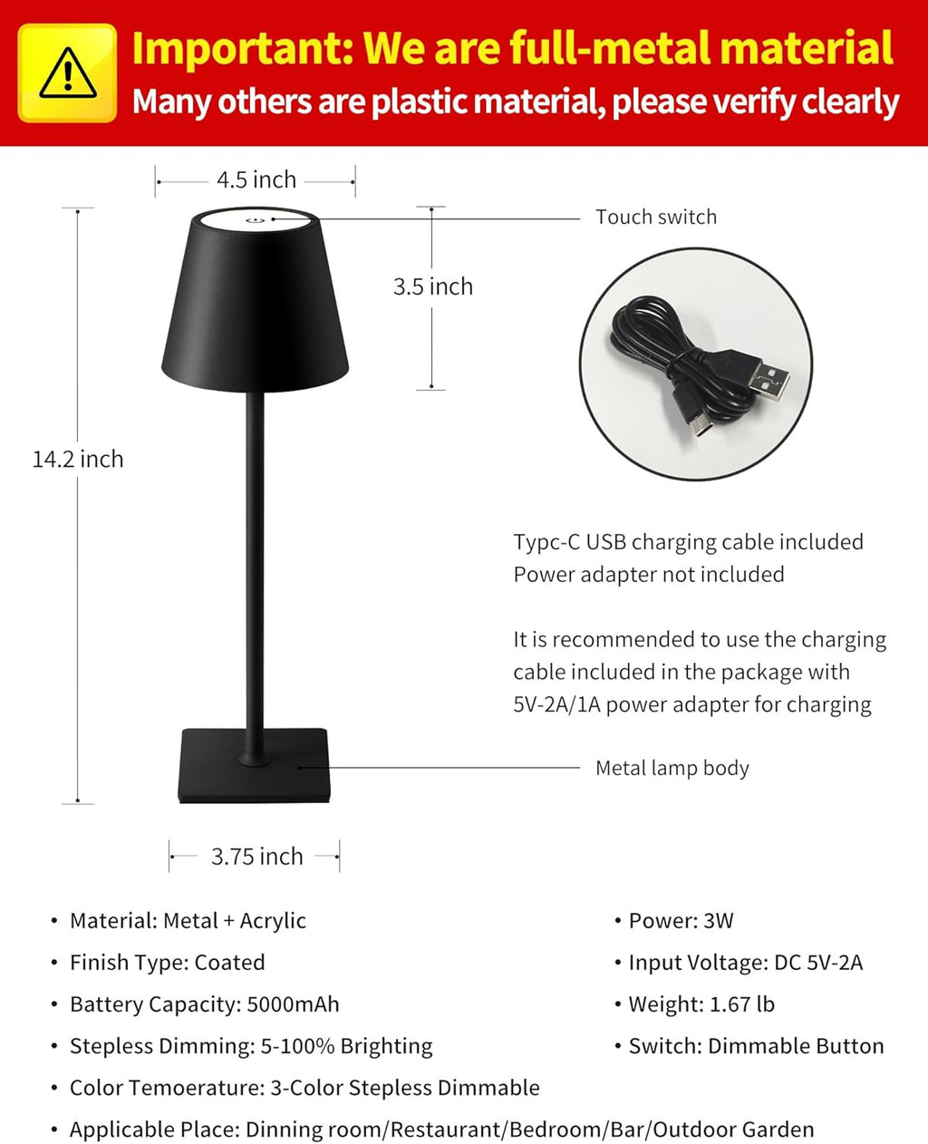 2-Pack Cordless LED Table Lamps – Rechargeable, Portable & Dimmable (Black)