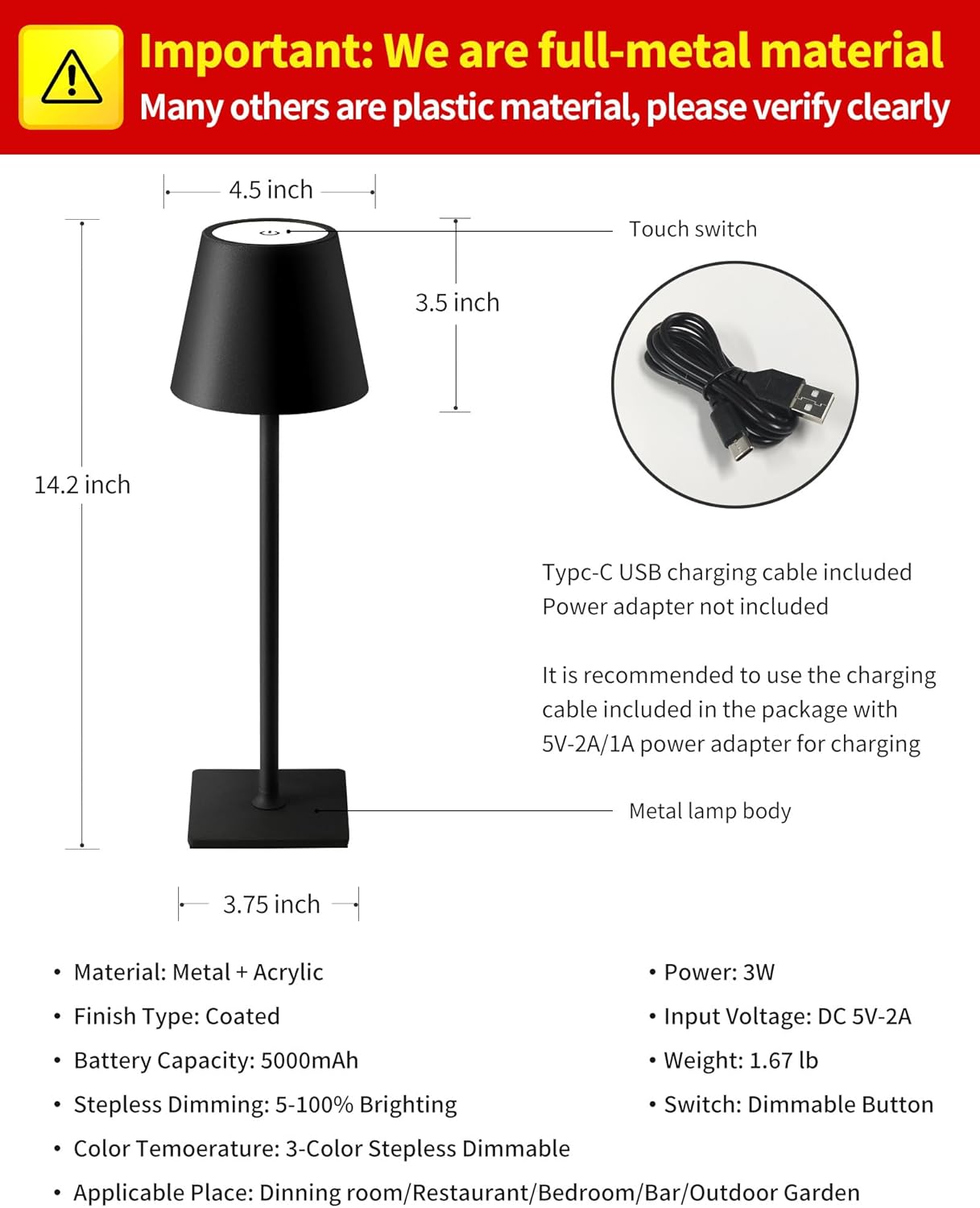 2-Pack Cordless LED Table Lamps – Rechargeable, Portable & Dimmable (Black)