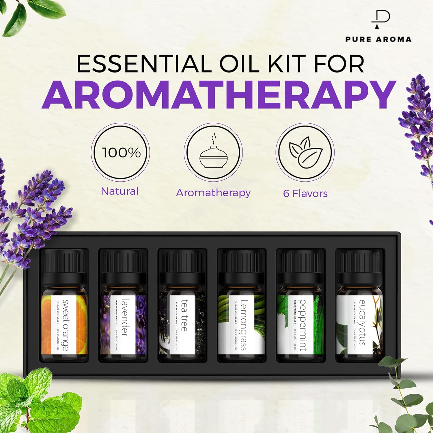 Aromatherapy Essential Oils Set – 6 Pack (10ml) of Pure Oils | Relaxing Blends of Lavender, Eucalyptus, Peppermint, Tea Tree, Sweet Orange & Lemongrass