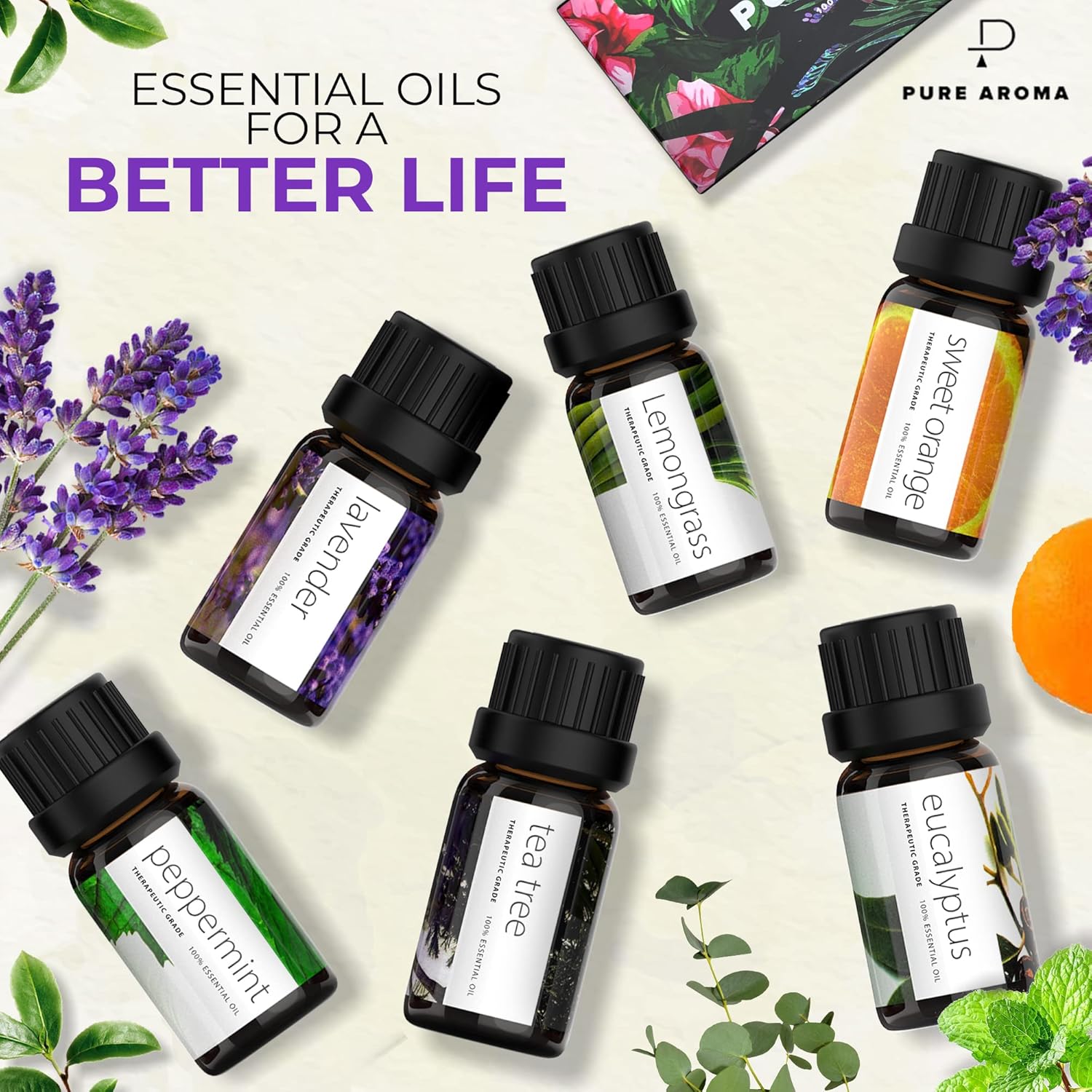 Aromatherapy Essential Oils Set – 6 Pack (10ml) of Pure Oils | Relaxing Blends of Lavender, Eucalyptus, Peppermint, Tea Tree, Sweet Orange & Lemongrass