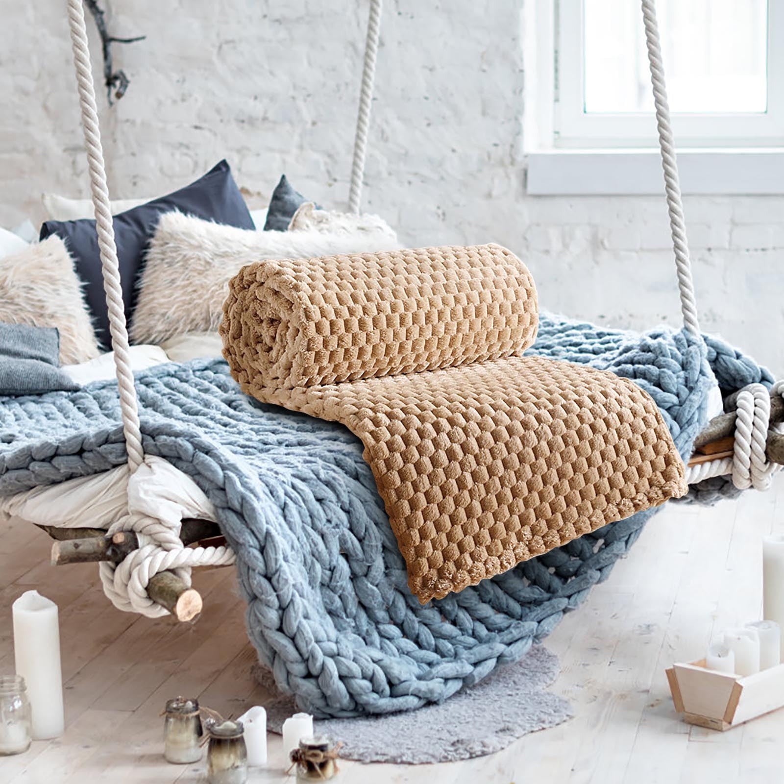 Chunky Knit Blanket Throw, Waffle Throw Blanket Waffle Cable Knit Throw for Couch, Stylish Cozy Soft Rope Knot Crochet Blanket for Home Decor, Beige Linen, 59.1*39.4In, Brown