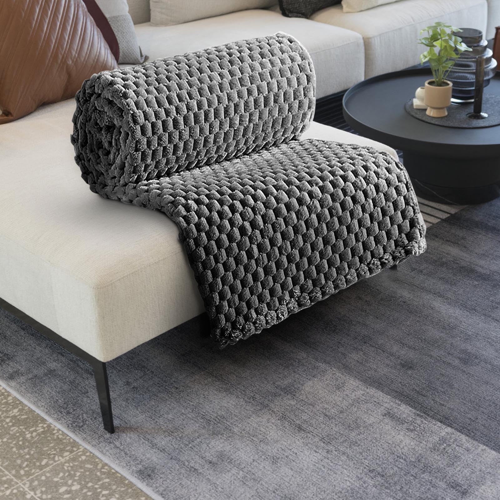 Chunky Knit Blanket Throw, Waffle Throw Blanket Waffle Cable Knit Throw for Couch, Stylish Cozy Soft Rope Knot Crochet Blanket for Home Decor, Beige Linen, 59.1*39.4In, Brown