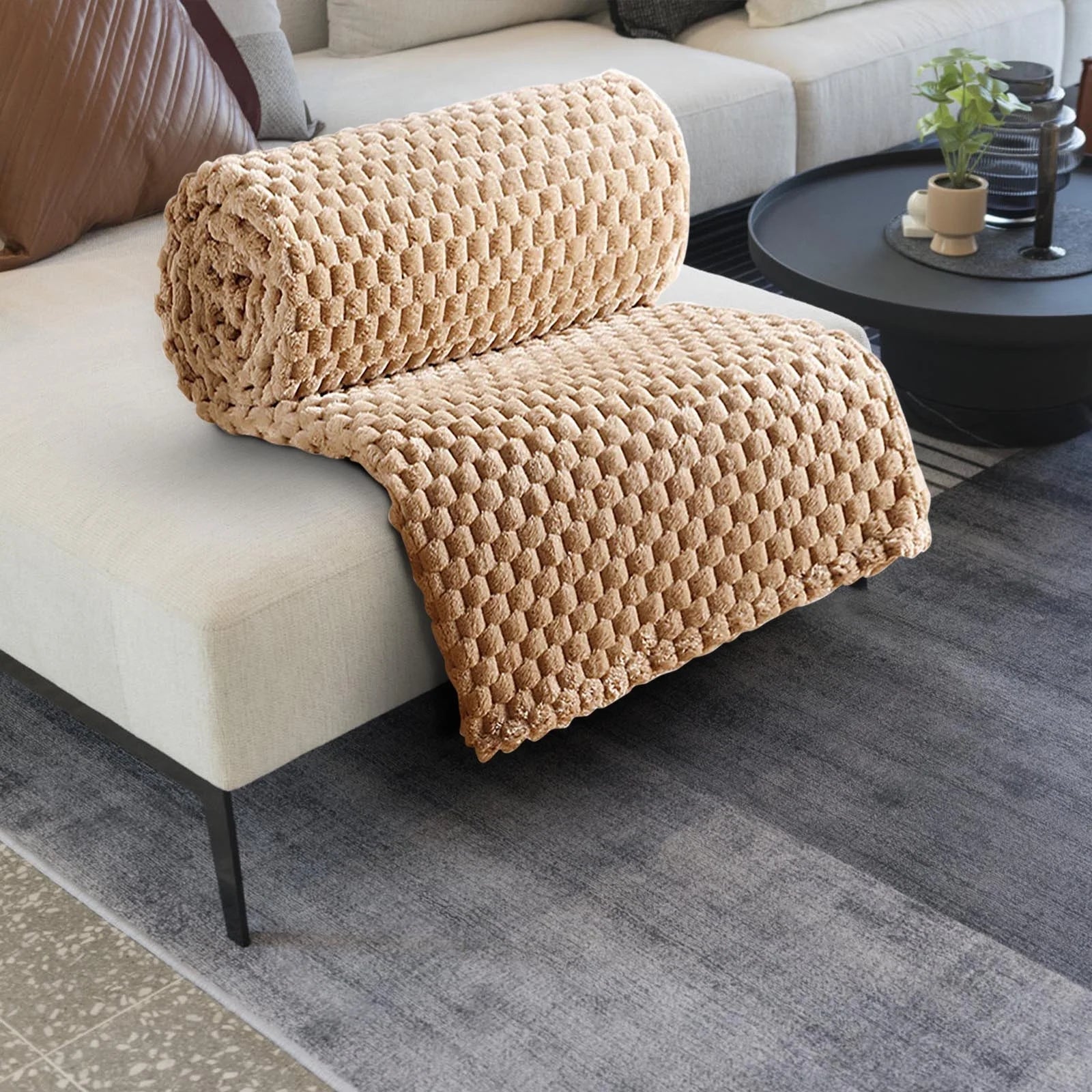 Chunky Knit Blanket Throw, Waffle Throw Blanket Waffle Cable Knit Throw for Couch, Stylish Cozy Soft Rope Knot Crochet Blanket for Home Decor, Beige Linen, 59.1*39.4In, Brown