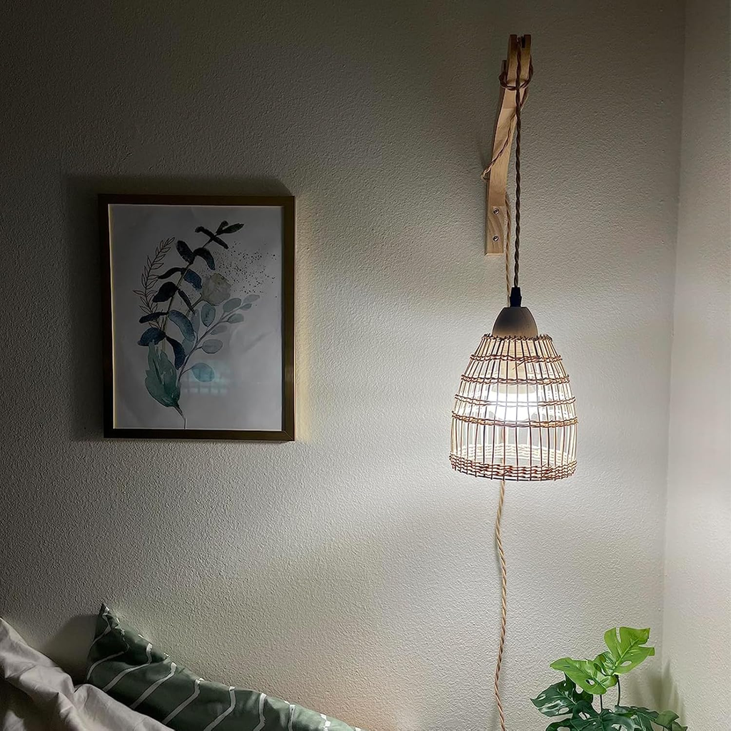 Set of 2 Wicker Wall Sconces – Rattan Plug-In Lamps for Ambient Lighting