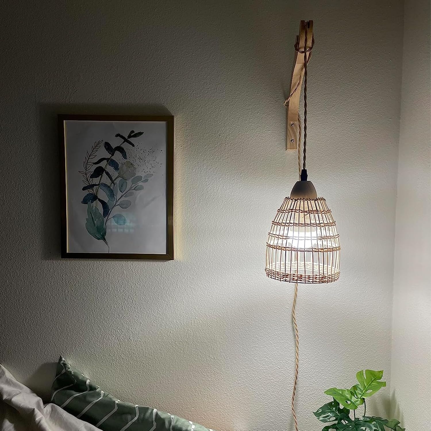 Set of 2 Wicker Wall Sconces – Rattan Plug-In Lamps for Ambient Lighting