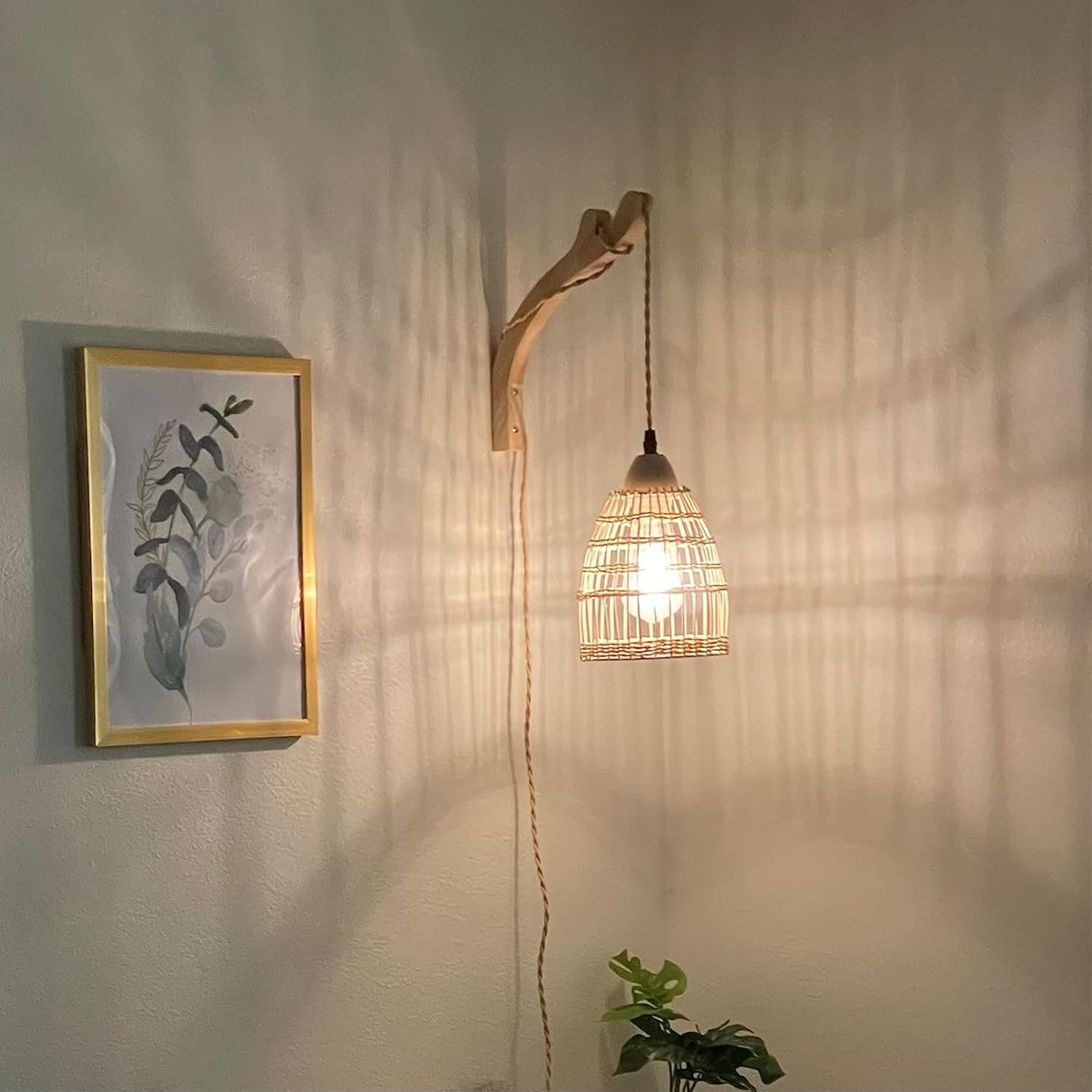 Set of 2 Wicker Wall Sconces – Rattan Plug-In Lamps for Ambient Lighting