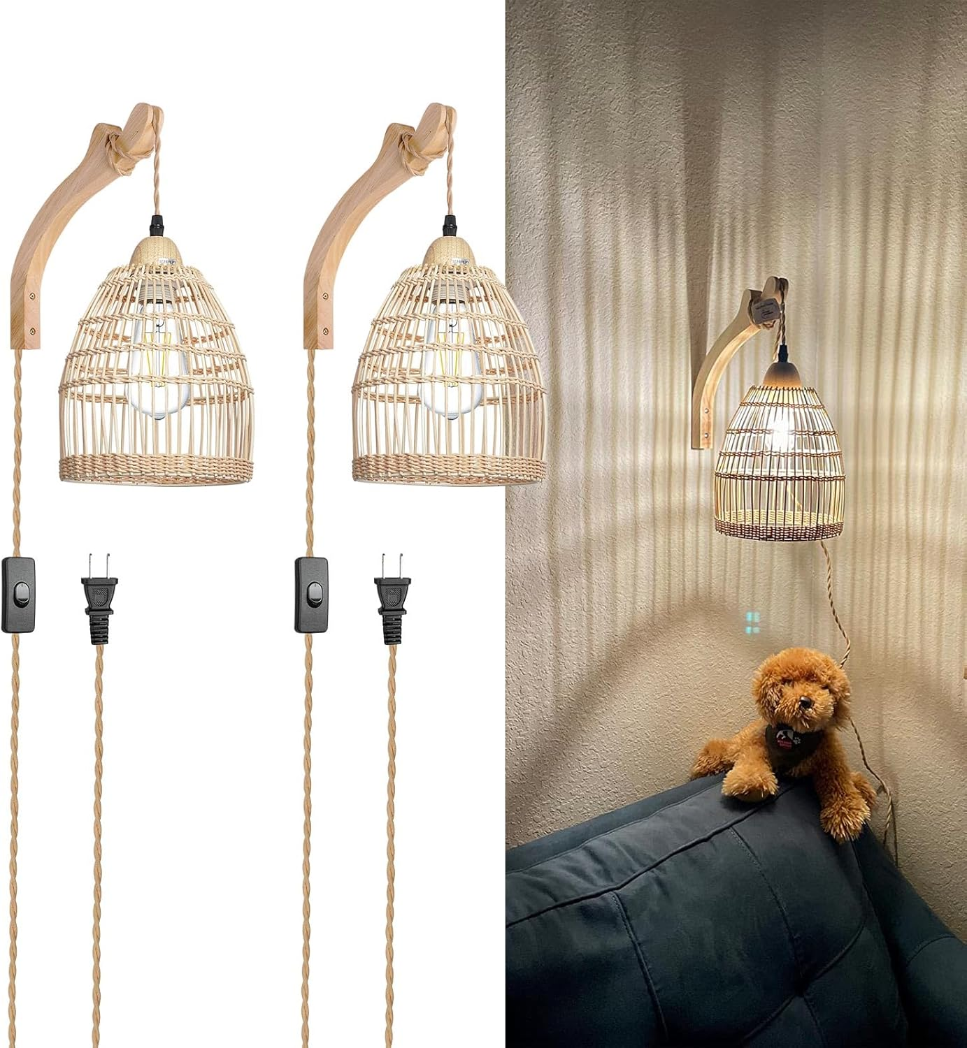 Set of 2 Wicker Wall Sconces – Rattan Plug-In Lamps for Ambient Lighting